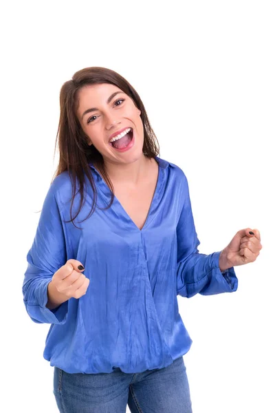 Mujer Feliz Blusa Azul Sobre Fondo Blanco — Foto de Stock