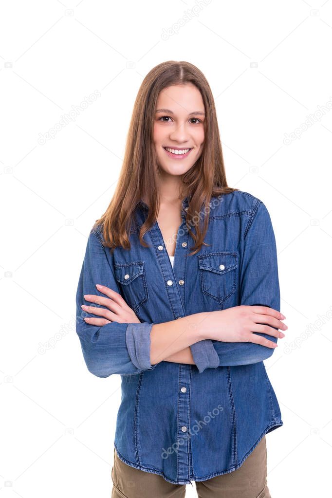 Studio shot of young casual woman on white background