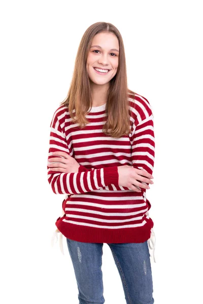 Beautiful Young Woman Wearing Striped Warm Sweater Jeans Posing Crossed — Stock Photo, Image