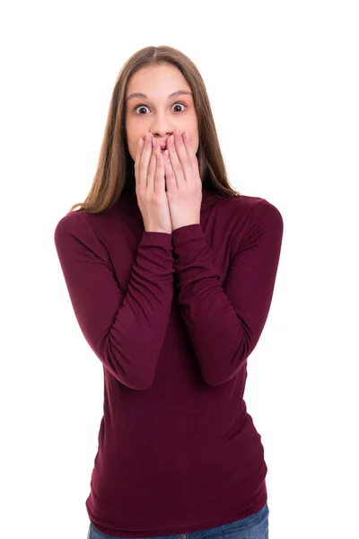 Surprised Young Woman Big Eyes Closing Mouth Hands Isolated White — Stock Photo, Image