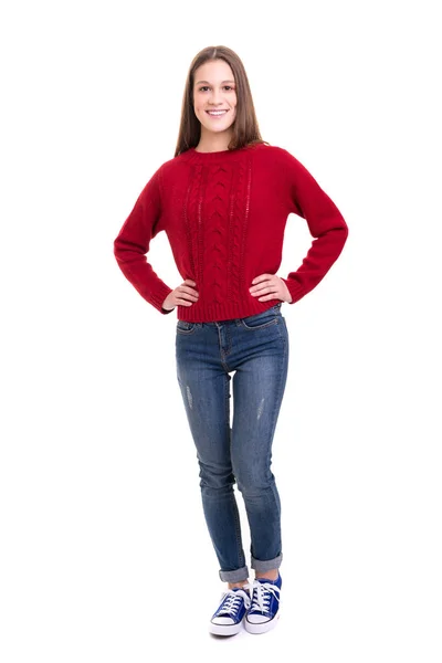 Mooie Jonge Vrouw Warme Gebreide Rode Trui Poseren Geïsoleerd Witte — Stockfoto