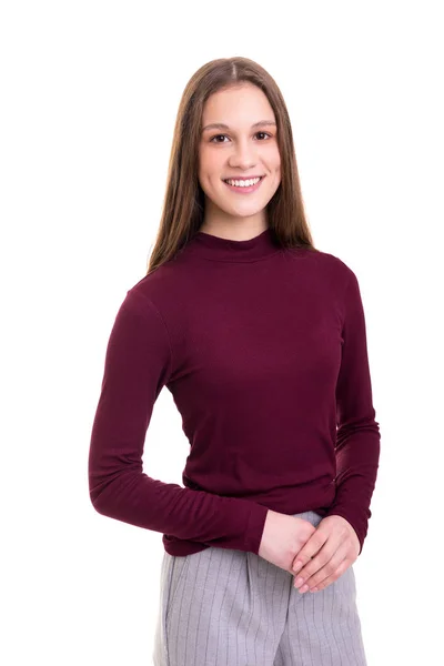 Atrakcyjna Kobieta Interesu Młodych Ciemny Sweter Spodnie Szary Patrząc Kamery — Zdjęcie stockowe
