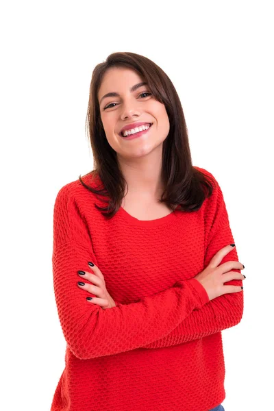 Beautiful Smiling Woman Winter Warm Sweater Posing Isolated White Background Stock Photo