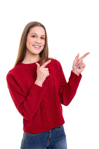 Jovem Bela Mulher Apresentando Seu Produto Isolado Fundo Branco — Fotografia de Stock