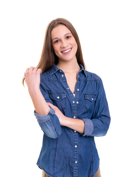 Bella Giovane Donna Felice Indossando Camicia Jeans Isolato Sfondo Bianco — Foto Stock