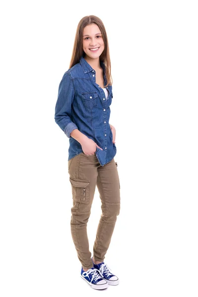 Bella Giovane Donna Felice Indossando Camicia Jeans Isolato Sfondo Bianco — Foto Stock