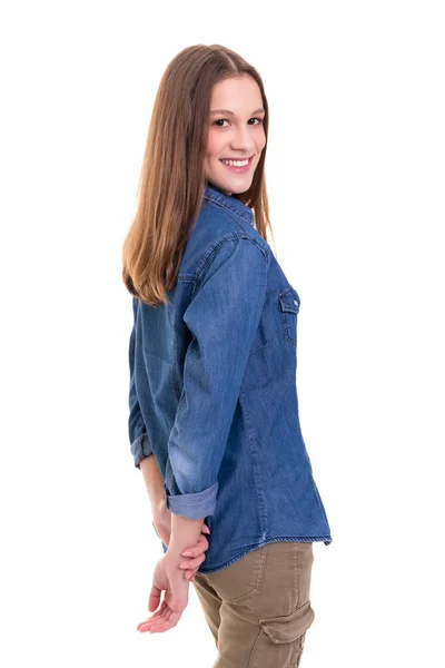 Hermosa Joven Feliz Mujer Con Camisa Mezclilla Aislado Sobre Fondo — Foto de Stock
