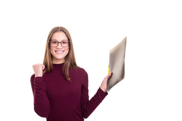 Schöne Junge Geschäftsfrau Posiert Mit Ordner Isoliert Über Weißem Hintergrund — Stockfoto