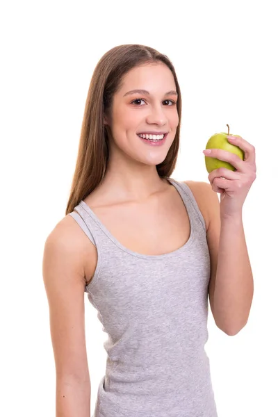 Beautiful Young Woman Holding Fresh Green Apple Isolated White Background — Stock Photo, Image