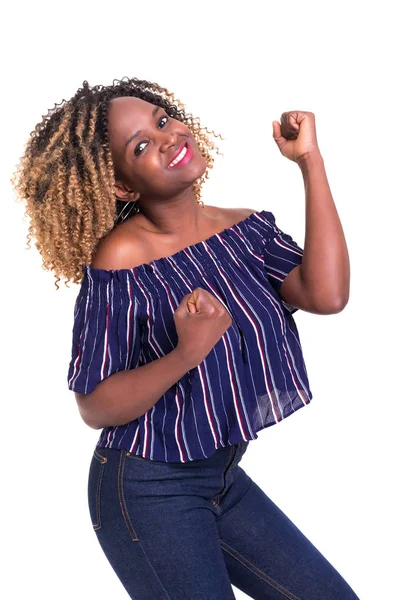 Mujer Africana Muy Feliz Con Los Brazos Levantados Aislados Sobre —  Fotos de Stock