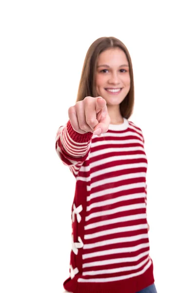 Jeune Belle Femme Pointant Isolée Sur Blanc — Photo