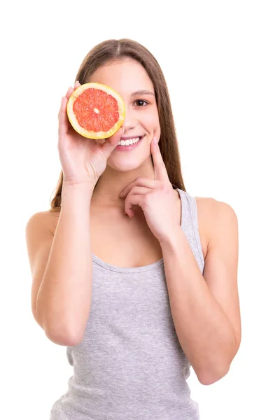 Junge Frau Hält Eine Frische Grapefruit Der Hand Isoliert Vor — Stockfoto