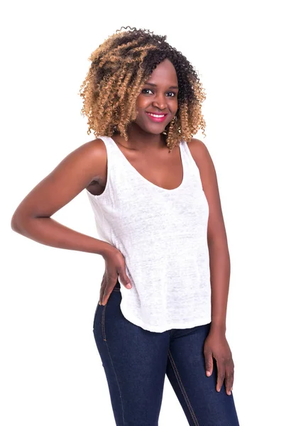 Красива Молода Африканська Жінка Позує Ізольовано Над Білим — стокове фото