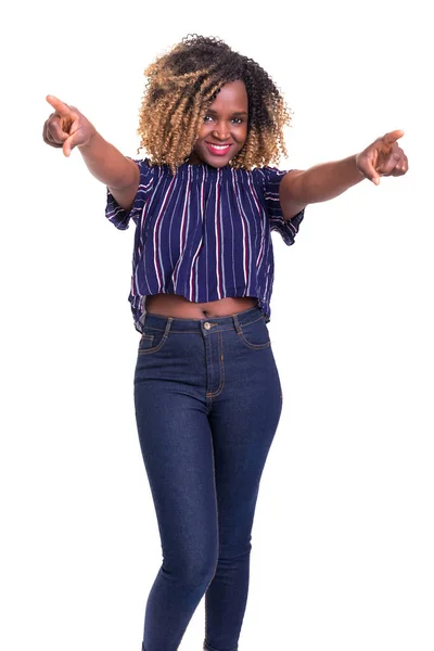 Young African Beautiful Woman Pointing Isolated White — Stock Photo, Image