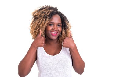 Tamam, üzerinde beyaz izole sinyal güzel genç kadın