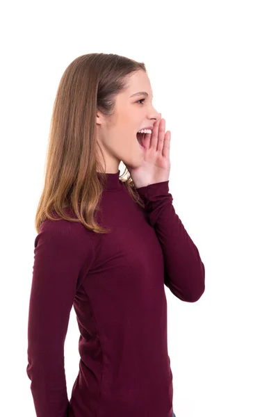 Mulher Gritando Com Alguém Isolado Sobre Fundo Branco — Fotografia de Stock