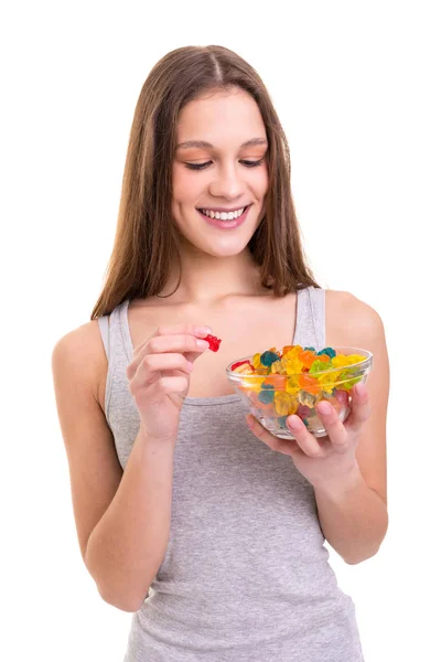 Young Woman Holding Bowl Jelly Gummy Bears Isolated White Background — Stock Photo, Image