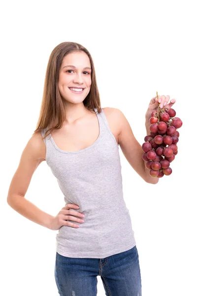 Jonge Vrouw Met Een Bos Van Verse Druiven Geïsoleerd Witte — Stockfoto