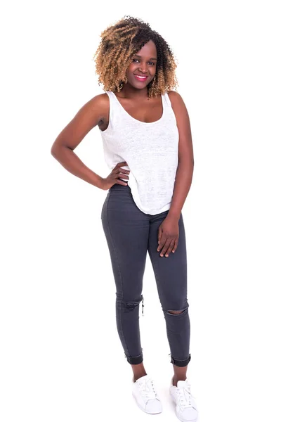 Hermosa Joven Africana Posando Aislada Sobre Blanca —  Fotos de Stock