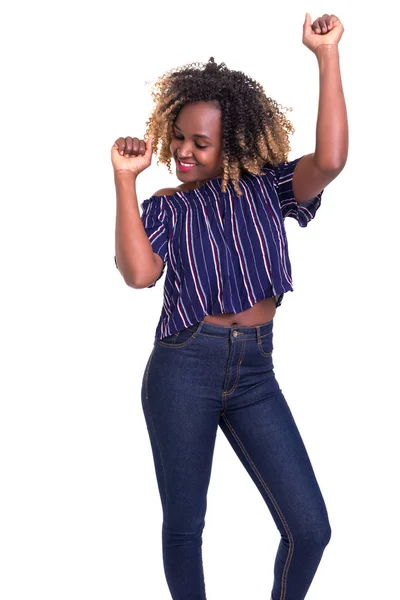 Studio Skott Mycket Glad Afrikansk Kvinna Med Höjde Armarna — Stockfoto