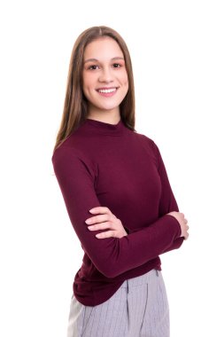 genç bir kadın beyaz arka plan üzerinde poz