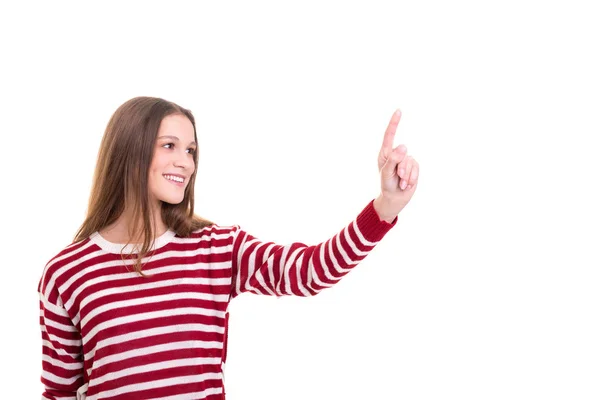 Giovane Donna Che Punta Isolato Sfondo Bianco — Foto Stock