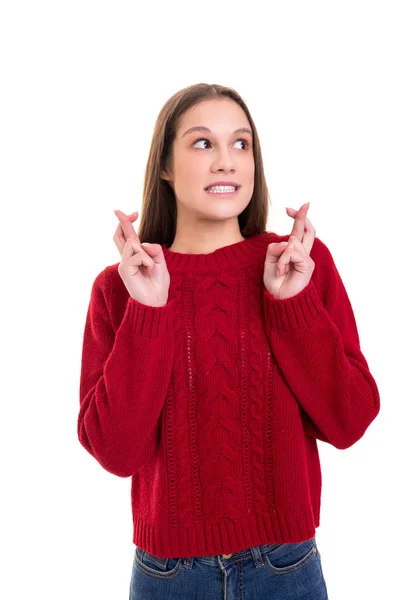 Woman Crossed Fingers Isolated White Background — Stock Photo, Image