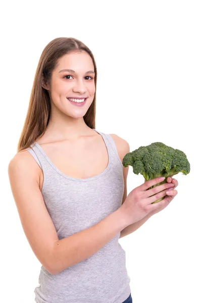 Jonge Vrouw Met Broccoli Tegen Witte Achtergrond — Stockfoto