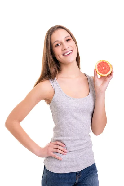 Jovem Mulher Segurando Toranja Fresca Isolada Fundo Branco — Fotografia de Stock