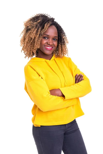 Jonge Afrikaanse Vrouw Die Zich Voordeed Witte Achtergrond Stockfoto