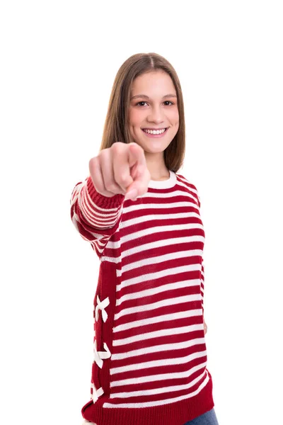 Jeune Femme Pointant Isolé Sur Fond Blanc — Photo