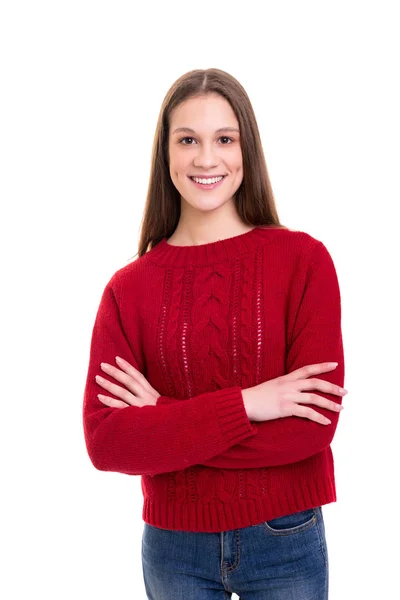 Junge Lässige Frau Posiert Auf Weißem Hintergrund — Stockfoto