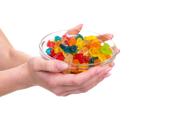 Female Hands Holding Bowl Jelly Gummy Bears White Background — Stock Photo, Image
