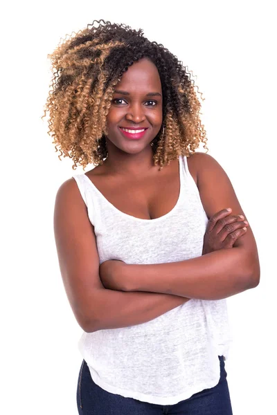 Jovem Mulher Africana Posando Sobre Fundo Branco — Fotografia de Stock