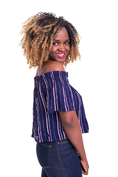 Jovem Mulher Africana Posando Sobre Fundo Branco — Fotografia de Stock