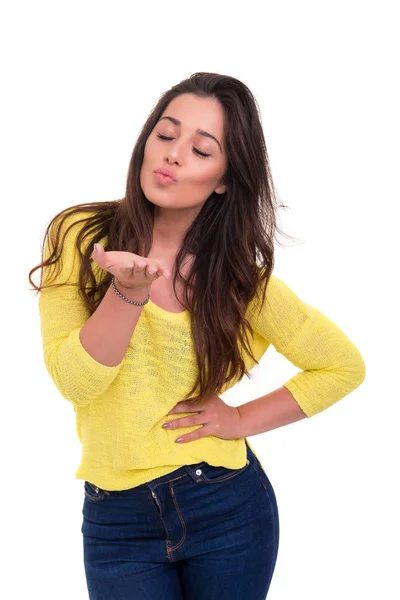 Young Woman Blowing Kiss White Background — Stock Photo, Image