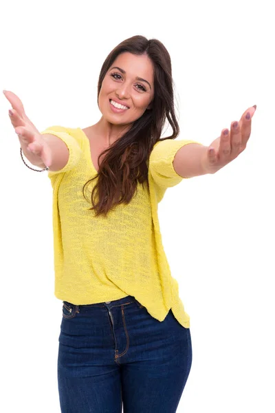 Vrouw Biedt Hug Witte Achtergrond — Stockfoto