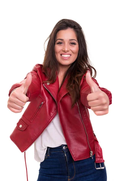 Young Woman Signaling White Background — Stock Photo, Image