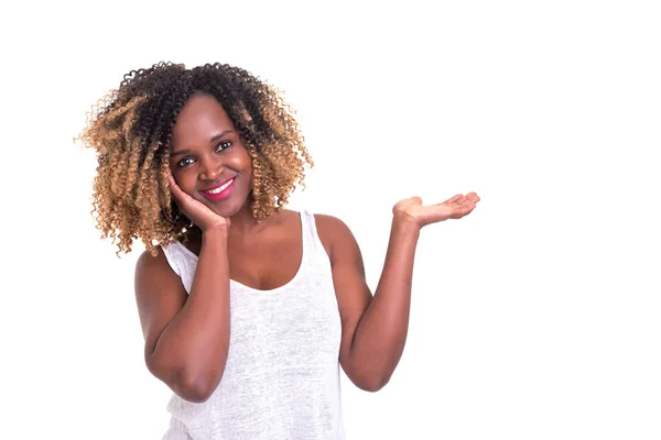 Jovem Bela Mulher Apresentando Seu Produto Isolado Sobre Fundo Branco — Fotografia de Stock