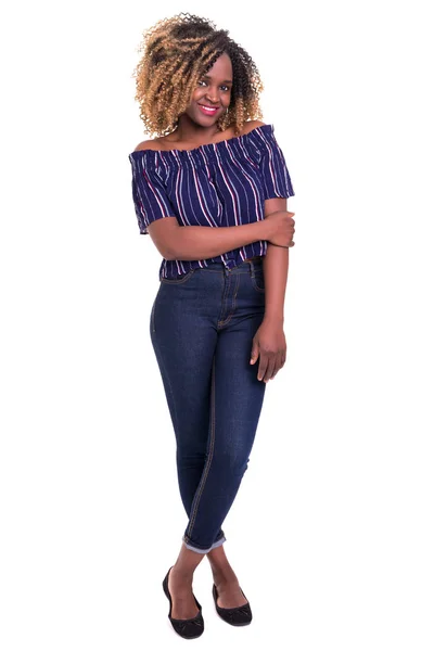 Vacker Ung Afrikansk Kvinna Poserar Isolerade Över Vita — Stockfoto