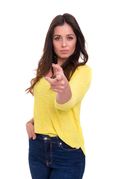 Jovem Mulher Bonita Apontando Para Você Isolado Sobre Branco — Fotografia de Stock