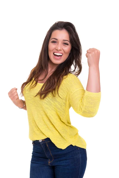 Studio Shot Happy Woman Raised Arms — Stock Photo, Image