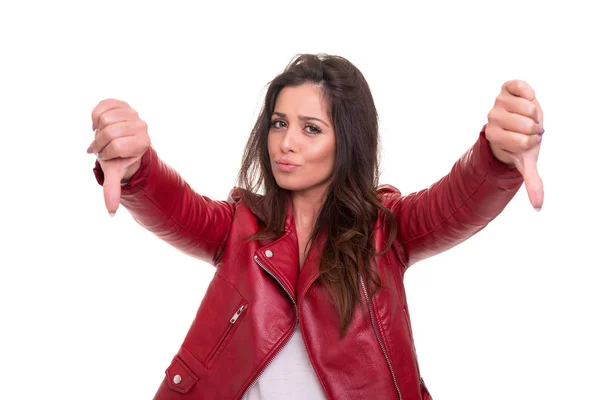 Studio Shot Young Woman Signaling Thumbs — Stock Photo, Image