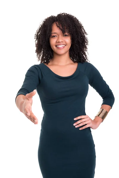 Een Mooie Afrikaanse Zakenvrouw Aanbieden Van Handdruk Geïsoleerd Wit — Stockfoto