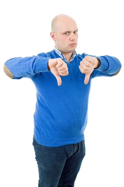 Casual homem dando polegares para baixo, isolado em branco — Fotografia de Stock