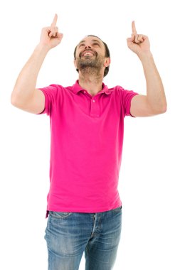 genç adam, izole üzerinde beyaz arka plan işaret