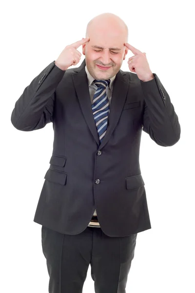 Zakenman in pak gebaren met hoofdpijn, geïsoleerd — Stockfoto