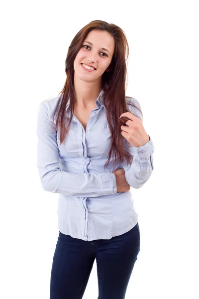 Giovane donna bella casual, isolata in bianco — Foto Stock