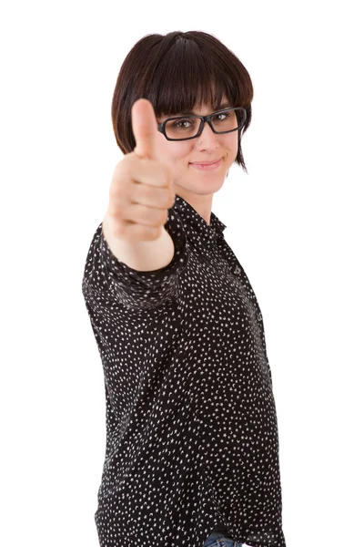 Portrait of cute woman showing thumbs up, isolated on white background — Stock fotografie