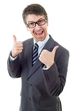 Yaşasın, izole üzerinde beyaz olacak genç iş adamı